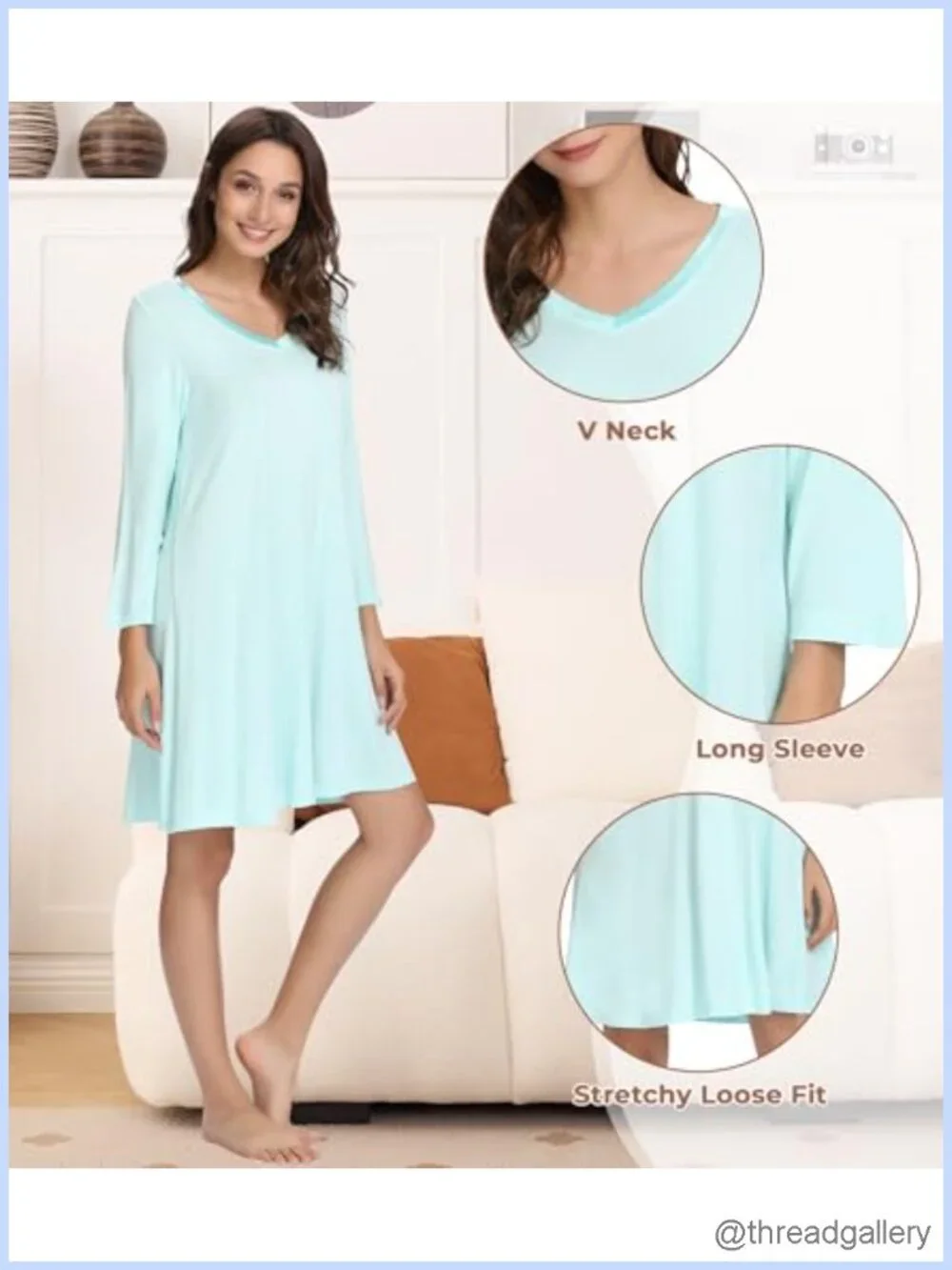 Long Sleeve V Neck Nightgown Soft Bamboo Viscose Satin Trim Sleepshirt